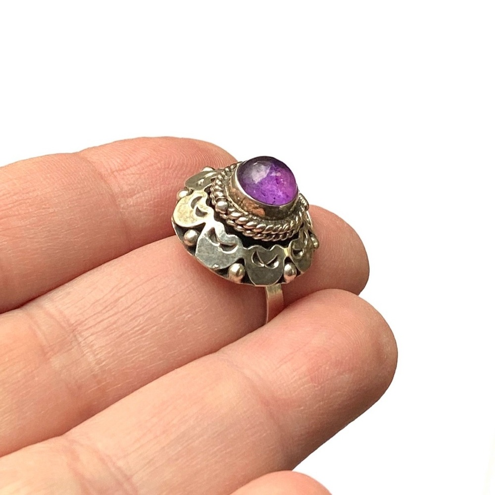 Vintage Taxco Sterling Silver Amethyst Poison Ring Adjustable